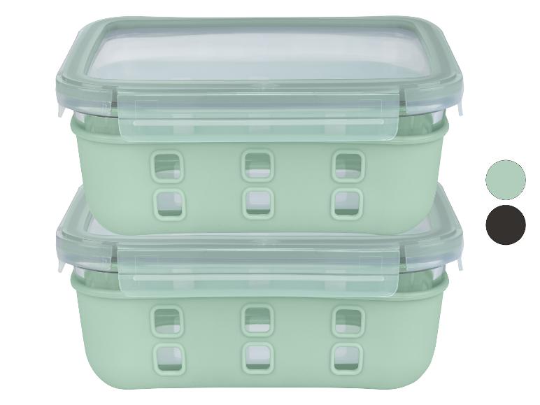 Deux boîtes à lunch en verre vert avec couvercles