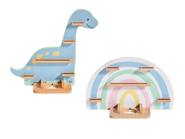 Deux étagères murales en bois, l'une avec un design de dinosaure et l'autre avec un arc-en-ciel
