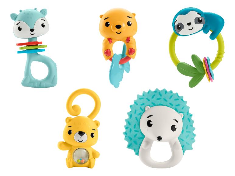 Cinq hochets et anneaux de dentition pour bébé sur le thème des animaux, dont un cerf, un ours et un paresseux.