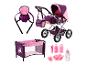 Poppenspeelset: kinderwagen, wieg met eenhoorn en verzorgingsaccessoires in roze en paars.