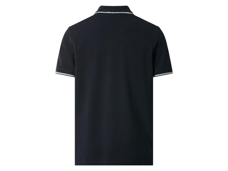 Donkerblauw poloshirt met korte mouwen, gestreepte kraag en manchetten, achteraanzicht.