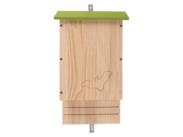 Een houten vleermuizenhuis met een groen dak.