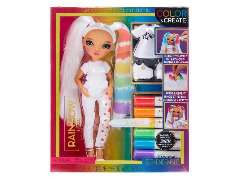 Poupée Rainbow High avec des marqueurs lavables pour colorer les cheveux.