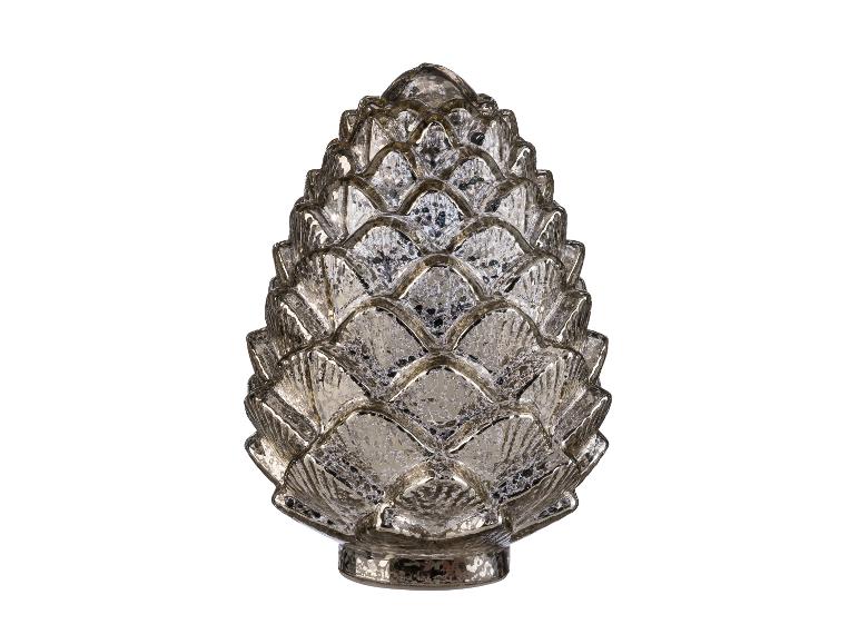 Zilveren glazen dennenappelornament met een gebarsten glaslook.