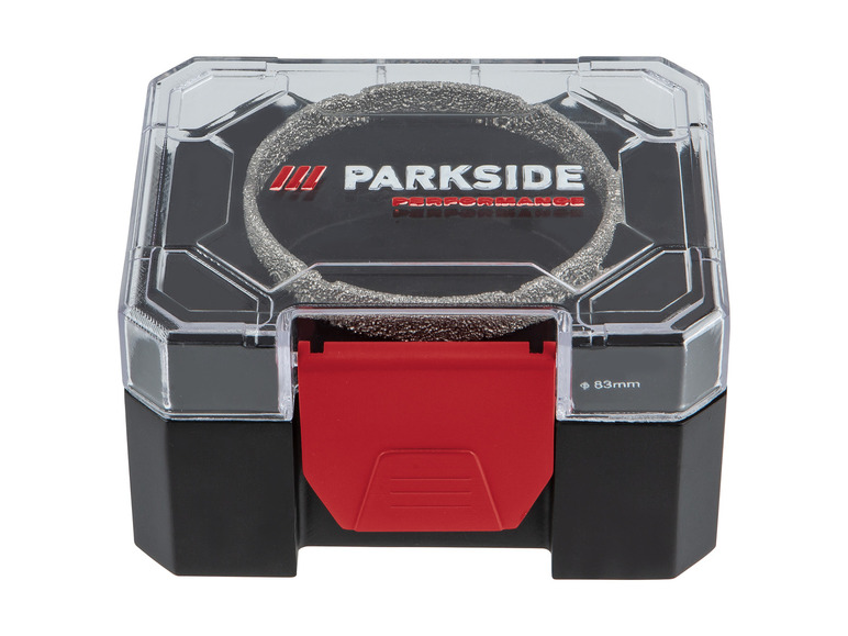 Een Parkside Performance schuurcirkel in een opbergdoos.