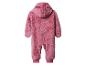 Roze pluizige onesie met capuchon en oren, achteraanzicht