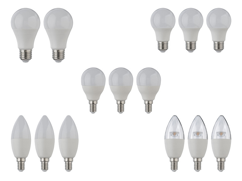 Verschillende LED-lampen, waaronder ronde, peervormige en kaarsvormige lampen.