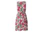 Robe midi rose sans manches avec un imprimé vif d'hibiscus et de feuilles de palmier.