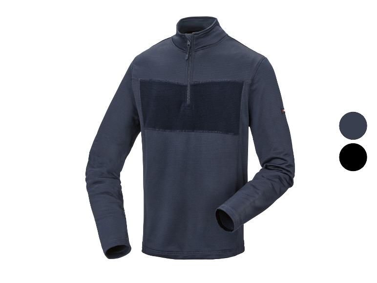 Donkerblauw shirt met lange mouwen, rits bij de hals en getextureerde panelen.