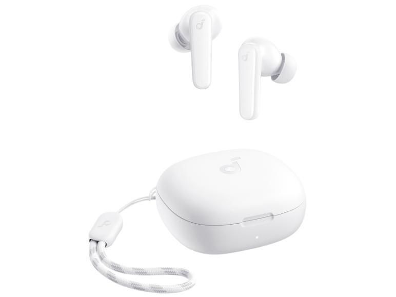 Écouteurs intra-auriculaires sans fil blancs avec étui de chargement et dragonne.