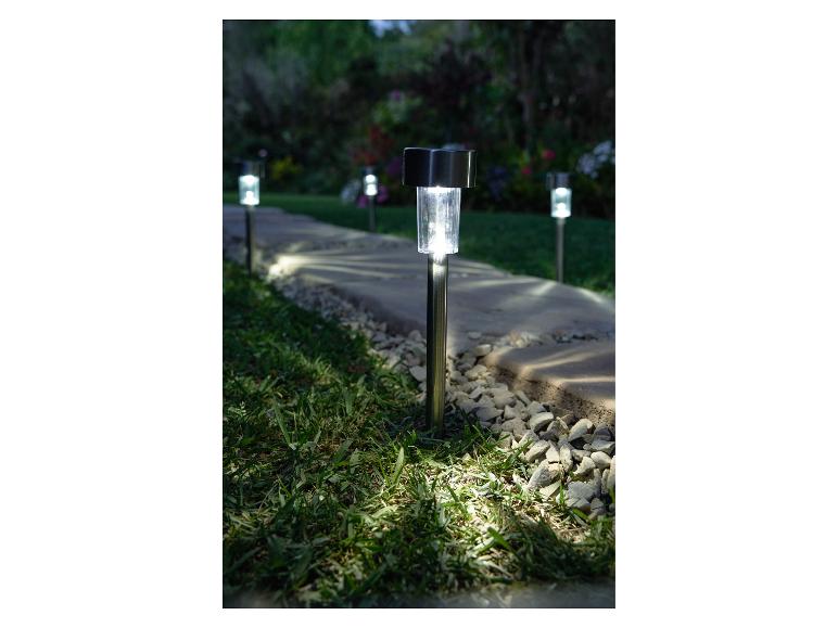 Lampes solaires de jardin éclairant un chemin de pierre au crépuscule.