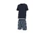 Pyjama homme avec t-shirt bleu marine à manches courtes et short rayé.