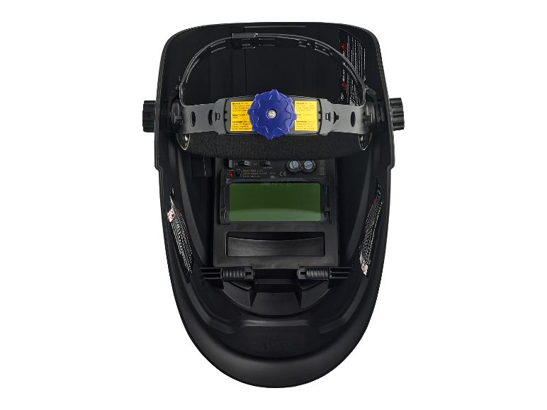 Casque de soudage noir avec serre-tête réglable et filtre auto-obscurcissant, vu de l'intérieur.