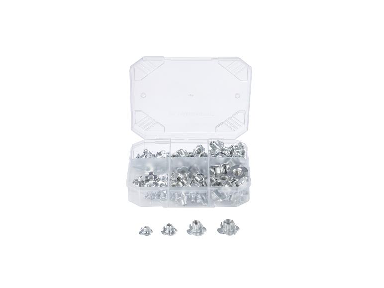 Une boîte de rangement en plastique transparent remplie de T-écrous de différentes tailles, avec quatre T-écrous affichés en dessous.