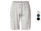 Grijze gemêleerde sweatshorts met trekkoord en kleurstalen in grijs, donkerblauw en zwart.