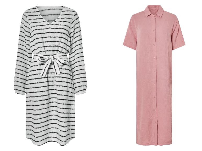 Robes longues : modèle rayé noir et blanc et modèle rose boutonné.