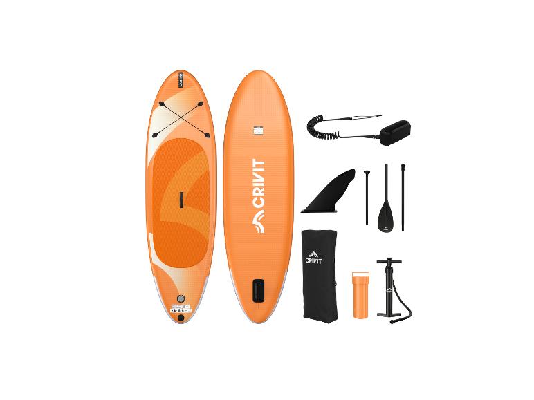 Ensemble de paddleboard gonflable orange avec pompe, pagaie, aileron et accessoires.