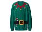 Pull de Noël vert avec motif d'elfe, ceinture et canne à sucre.
