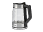 Glazen waterkoker met zwart handvat en zilveren details, met waterniveau-aanduidingen.