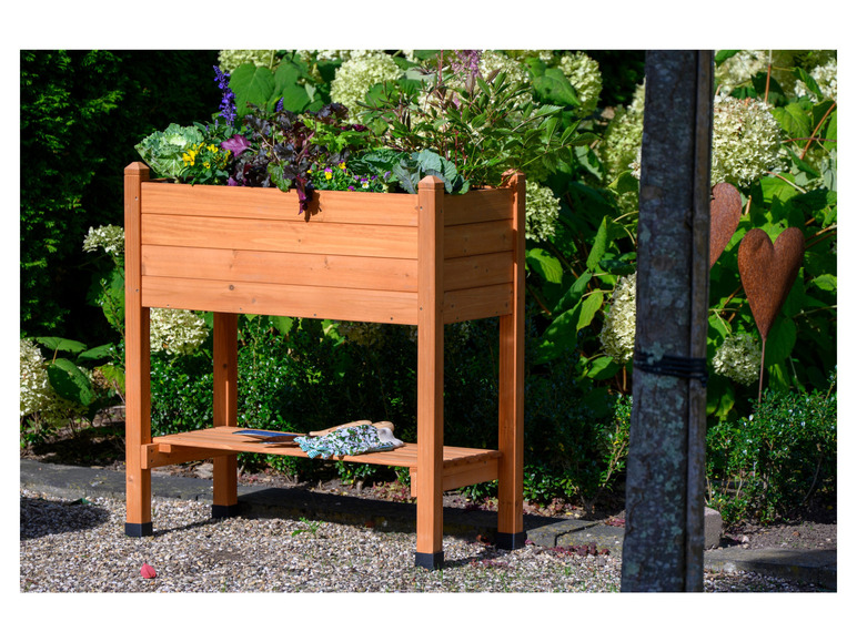 Een houten plantenbak met een plank, gevuld met planten en tuingereedschap.
