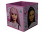 Une boîte de rangement rose avec des images de Barbie.
