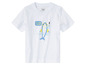 T-shirt blanc avec un imprimé d'un dauphin avec des lunettes de plongée et un tuba, avec le texte 'Let's swim together'.
