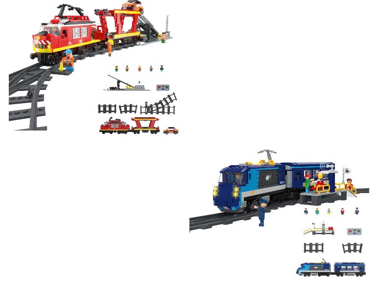 Twee speelgoedtreinsets met rails, figuren en accessoires.