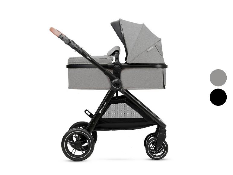 Poussette bébé grise et noire avec nacelle et siège.