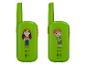 Twee groene walkietalkies met illustraties van kinderen, een meisje en een jongen.