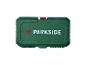 Une mallette à outils verte avec le nom de la marque 'PARKSIDE' en lettres blanches et rouges.