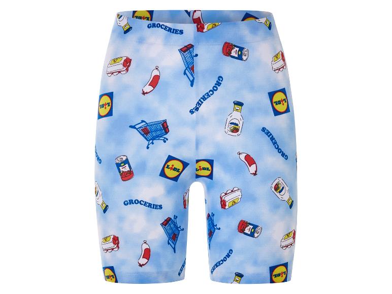 Lidl fietsbroek: print met boodschappen, karretjes en etenswaren.