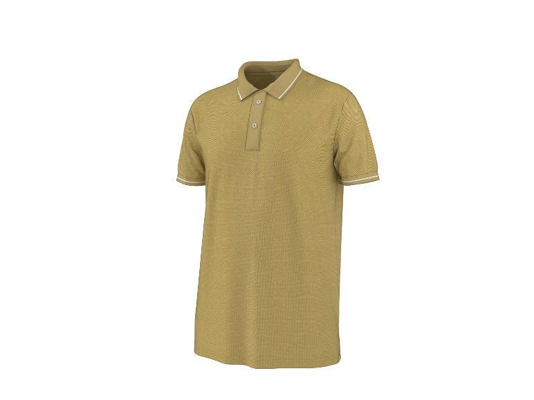 Polo homme jaune moutarde à manches courtes avec col à rayures blanches.