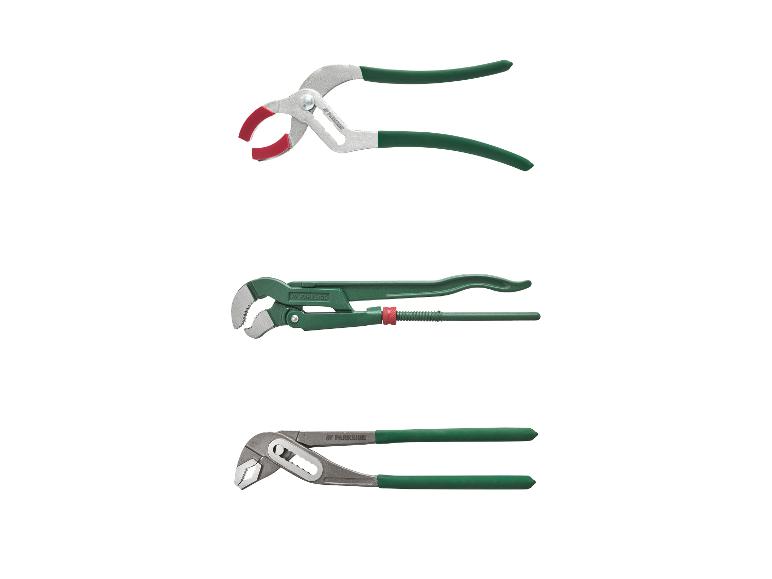 Trois outils Parkside : pince coupante, clé à tuyauter et pince multiprise.