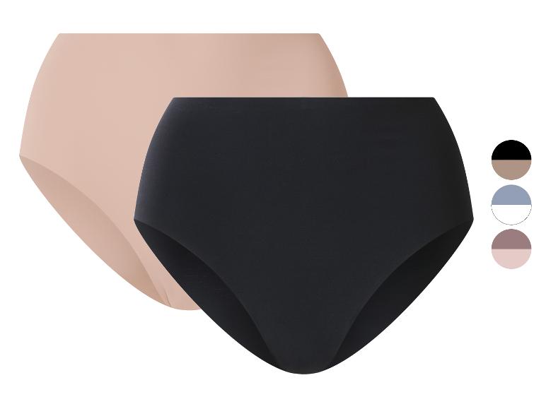 Deux culottes taille haute pour femme, une noire et une couleur chair, avec des échantillons de couleurs.