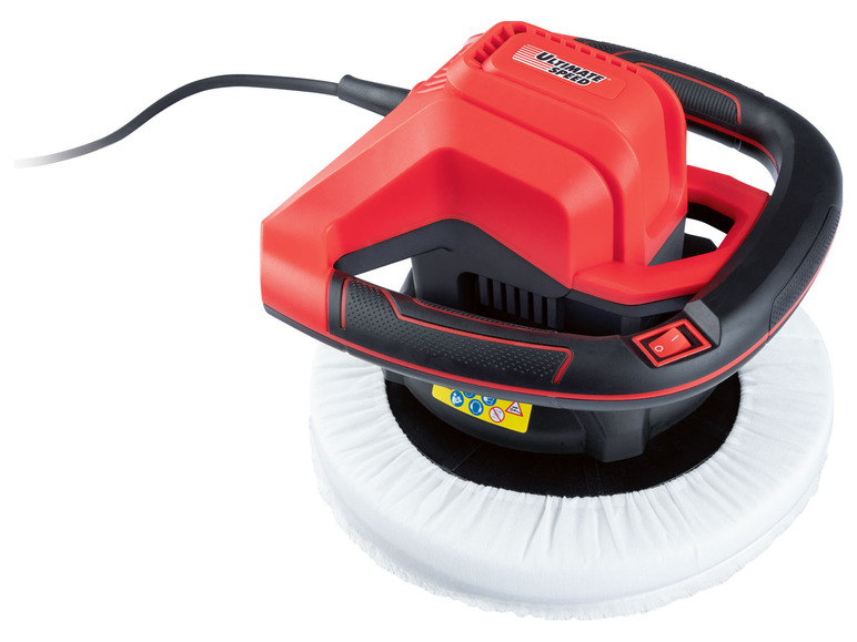 Une polisseuse électrique rouge avec un tampon blanc.