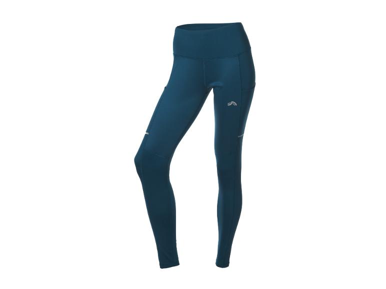 Turquoise sportlegging met zijzakken en reflecterend logo.