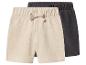 Deux paires de shorts pour enfants, un beige avec cordon de serrage et un gris foncé, empilés.