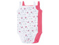 Twee baby-rompers, een met een print van kersen en citroenen en een roze romper.
