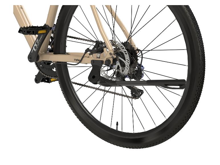 Details van een Prophete fiets: wiel, Ounce pedalen en schijfrem.