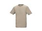Een effen beige t-shirt met een ronde halslijn en korte mouwen.