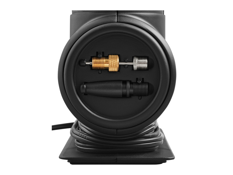 Une pompe à air électrique noire pour pneus de voiture avec différents embouts.