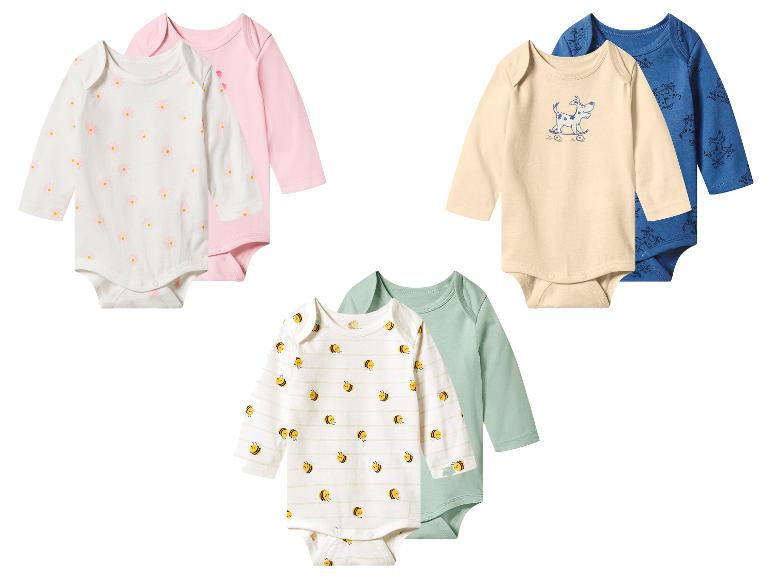 Six bodysuits bébé à manches longues de diverses couleurs et motifs (fleurs, chiens, abeilles).