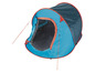 Een blauwe pop-up tent met rode accenten.
