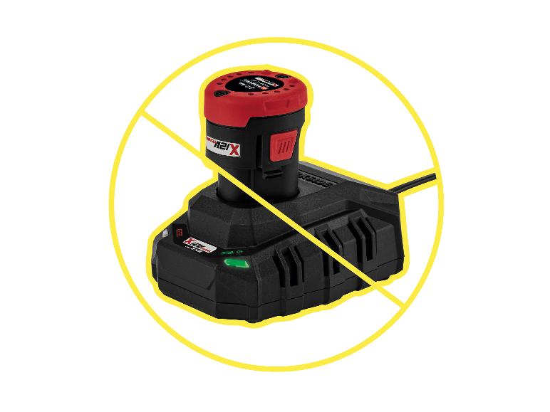 Batterie et chargeur Parkside avec un signe d'interdiction jaune.