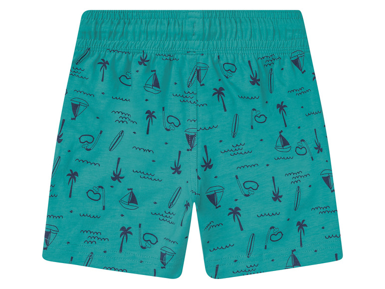 Short de bain turquoise avec des palmiers, des vagues et des planches de surf