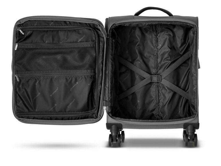 Une valise Topmove grise à roulettes, ouverte