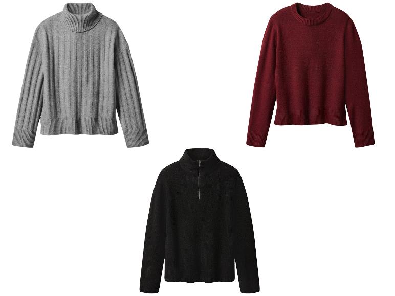 Trois pulls : un col roulé gris côtelé, un col rond rouge et un quart-zip noir.