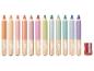 Douze crayons de couleur pastel avec un taille-crayon rouge, avec logo sur la base en bois.
