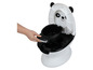 Een witte BabyBjörn pot met een panda-ontwerp, met een afneembare emmer.