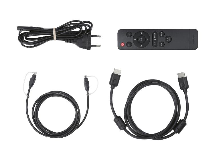 Een Silvercrest-afstandsbediening, een HDMI-kabel, een optische kabel en een netsnoer.